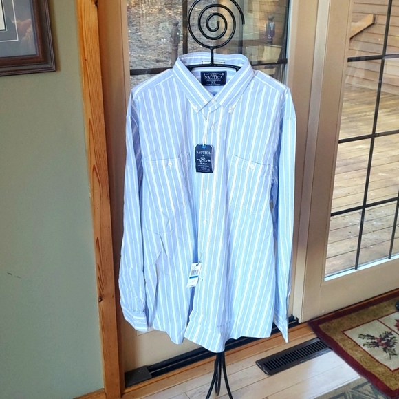 Nautica Twilt Mist Classic Fit Blue White Striped Casual Button Sz. XL Shirt NWT - Picture 1 of 14